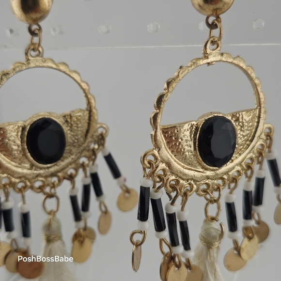Boho Chic Gold and Black Beaded Statement Earrings – 3.25" Length - Picture 6 of 8